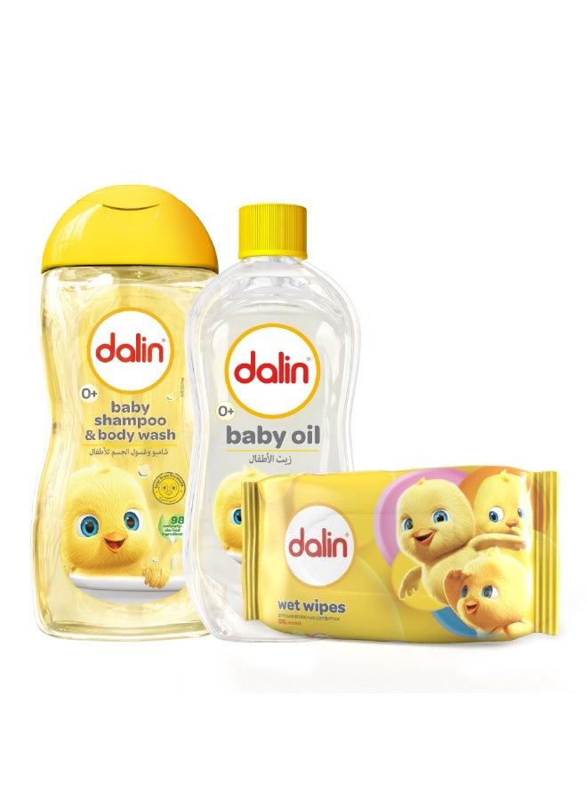 مجموعة العناية بالرضع من دالين | شامبو الأطفال وغسول الجسم 200 مل + زيت الأطفال 200 مل + مناديل مبللة 56 قطعة | مجموعة أساسية لطيفة وآمنة للأطفال